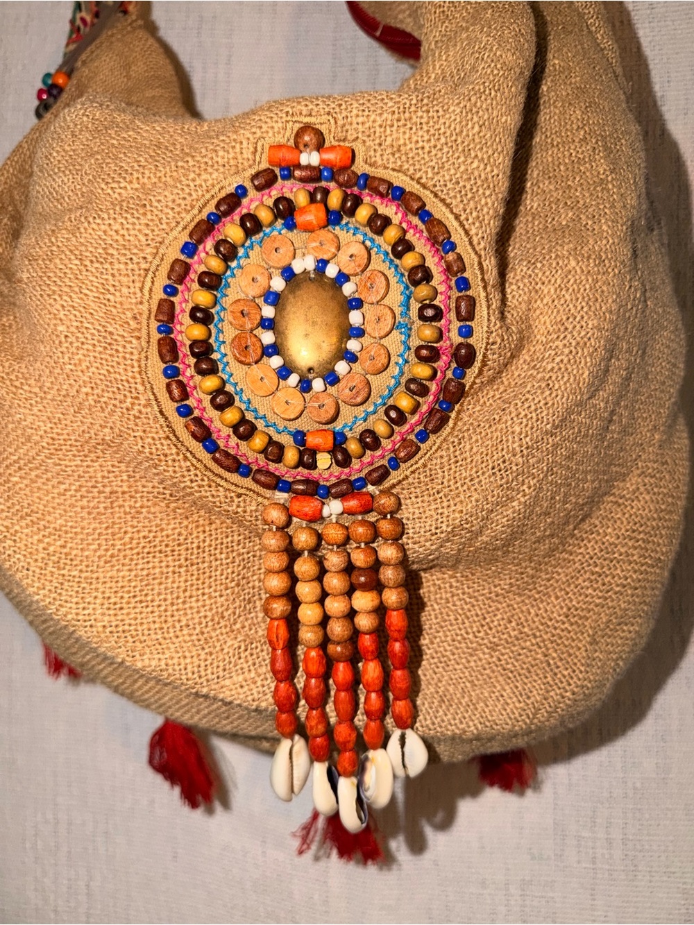 CATORI Boho Fringe Hobo Tan Burlap Beaded Festival purse. - Picture 5 of 7